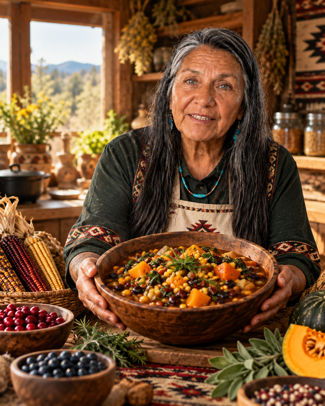 Ada in a warm rustic Native-inspired kitchen holding a bowl of stew