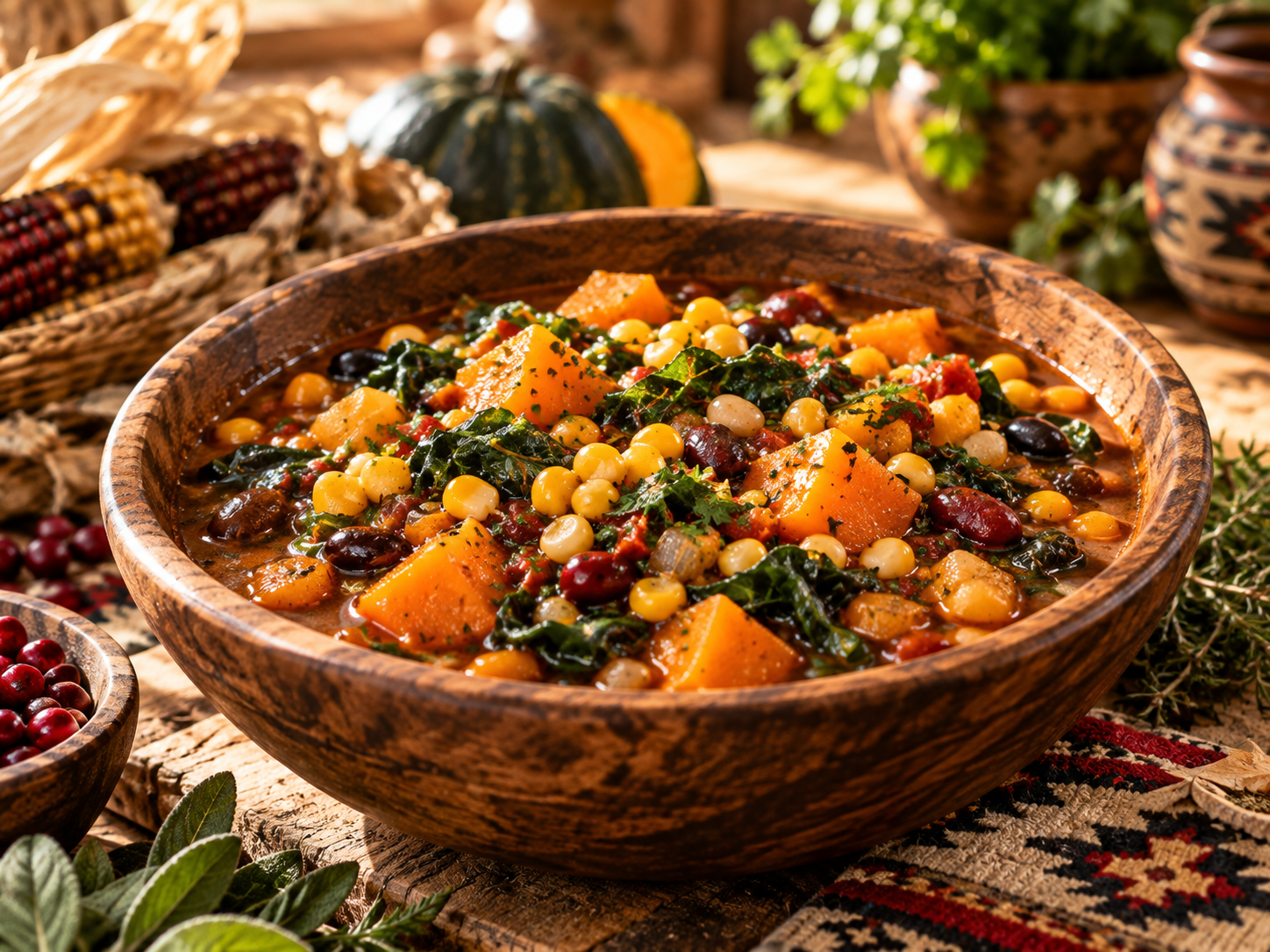 Hearty Three Sisters-style stew in a wooden bowl