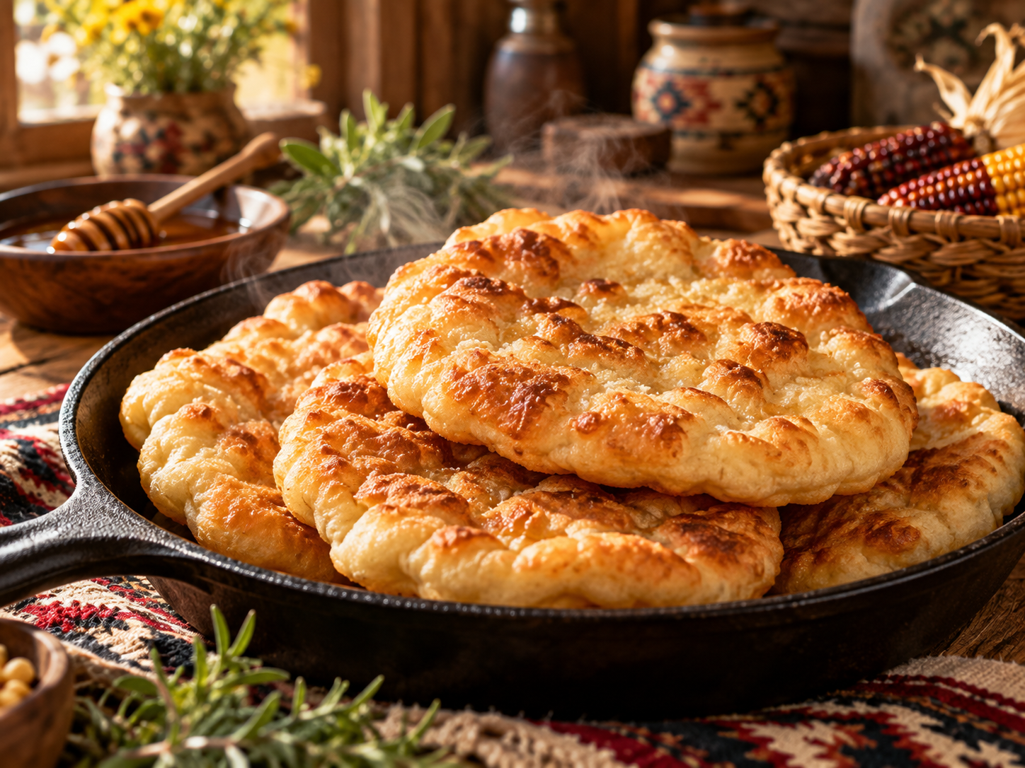 Golden fry bread in a cast-iron pan