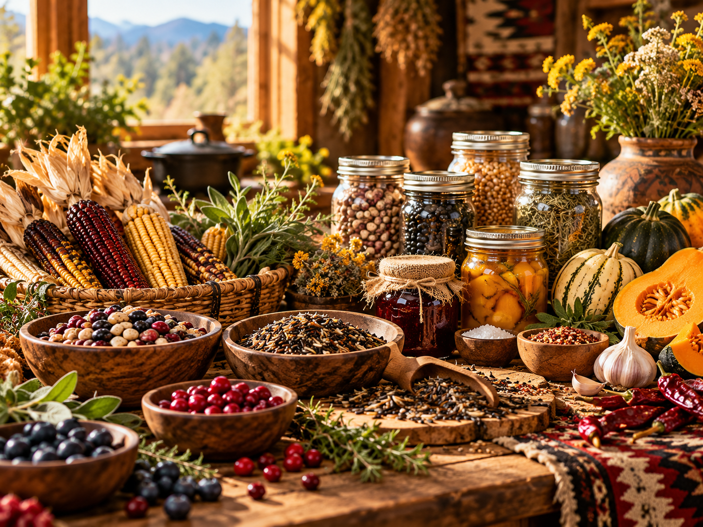 Native pantry ingredients, wild rice, berries and preserves