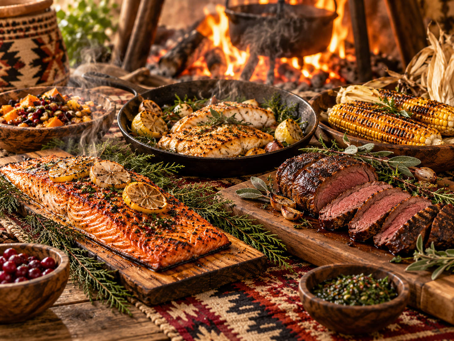 Fire, fish and meat cooking spread
